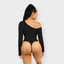 Seamless Diagonal Neck Long Sleeve Thong Bodysuit